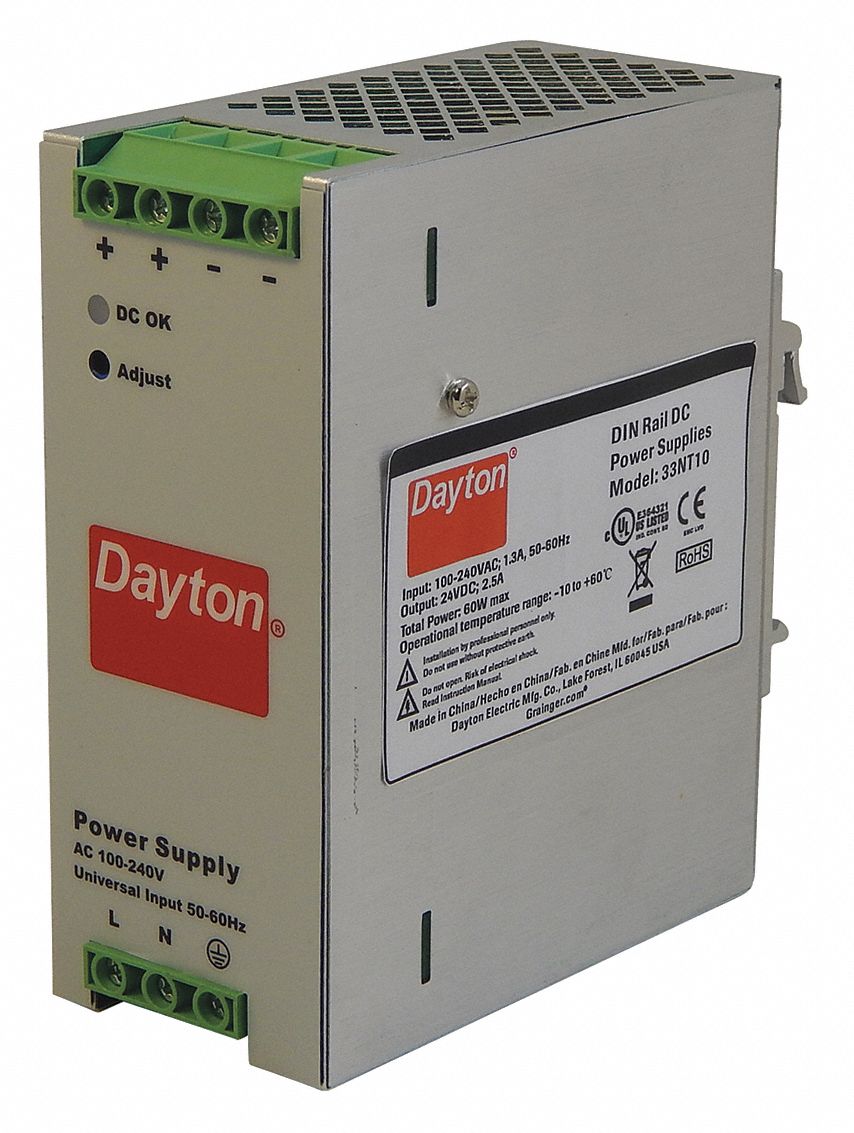 DAYTON DC Power Supply, Style Switching, Mounting DIN Rail 33NT10