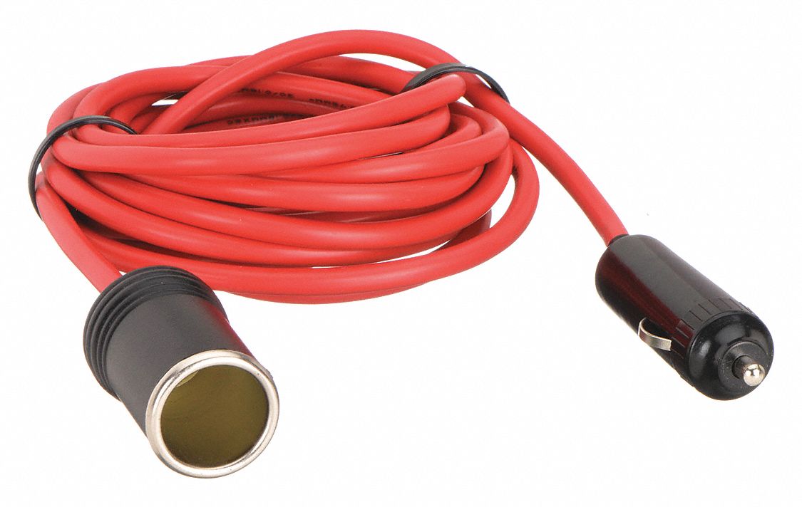 Lighter Plug Adapter with Extension Cord: Extension Cord, 1 Connections, 12 ft Cord Lg, Red