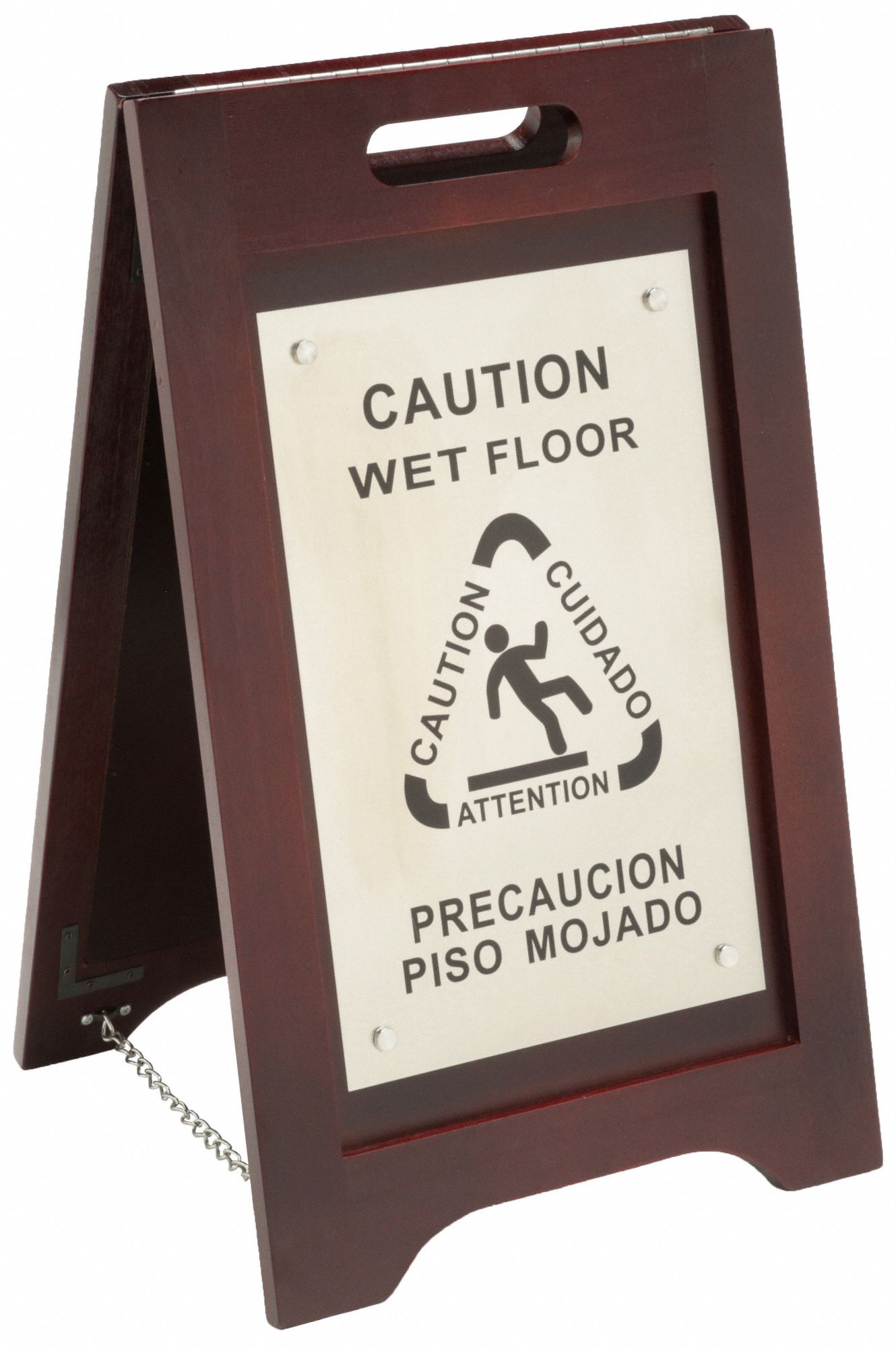 WET FLOOR SIGN, WOOD, 24 IN X 14 IN X 13½ IN NOMINAL SIGN SIZE, WALNUT, CAUTION WET FLOOR