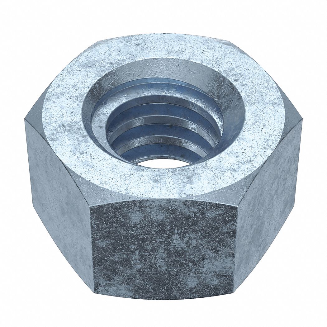 Hex Nut: Std Hex, 1"-5 Thread, 1 5/8 in Hex Wd, 1 in Hex Ht, Steel, Grade 2, Zinc-Plated, Std, 10 PK