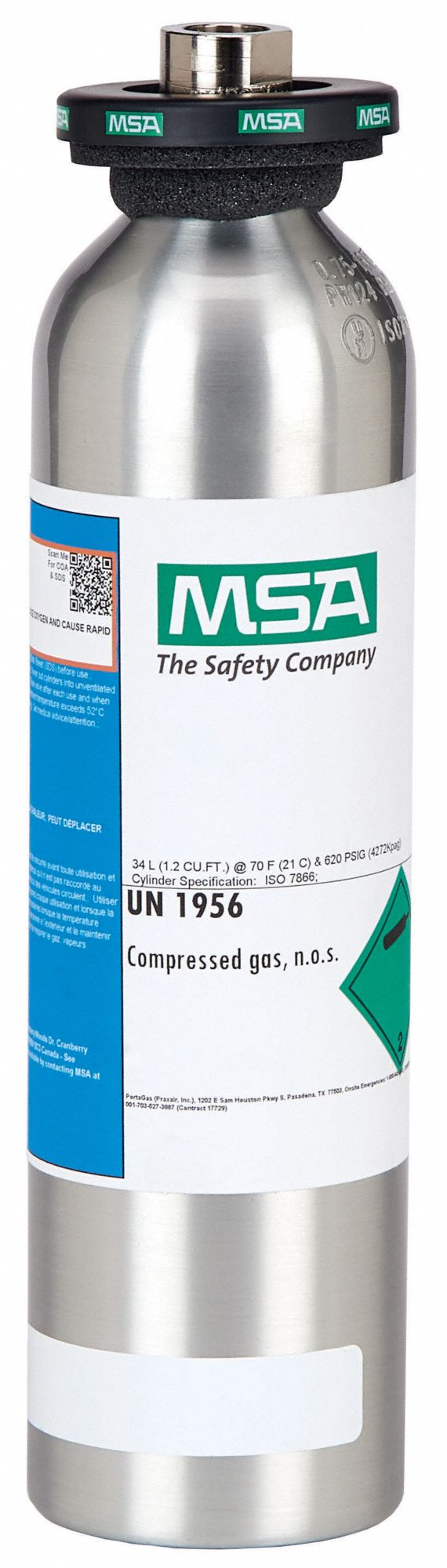 MSA Calibration Gas Hydrogen Sulfide, 34 L Cylinder Capacity, 20 ppm
