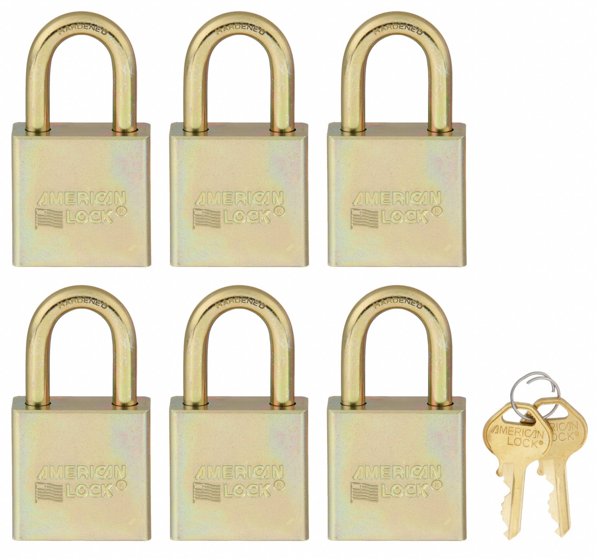 KEYED PADLOCK, 1 1/8 IN VERTICAL SHACKLE CLEARANCE, 3/4 IN HORIZONTAL SHACKLE CLEARANCE, BORON, 6 PK, GOLD