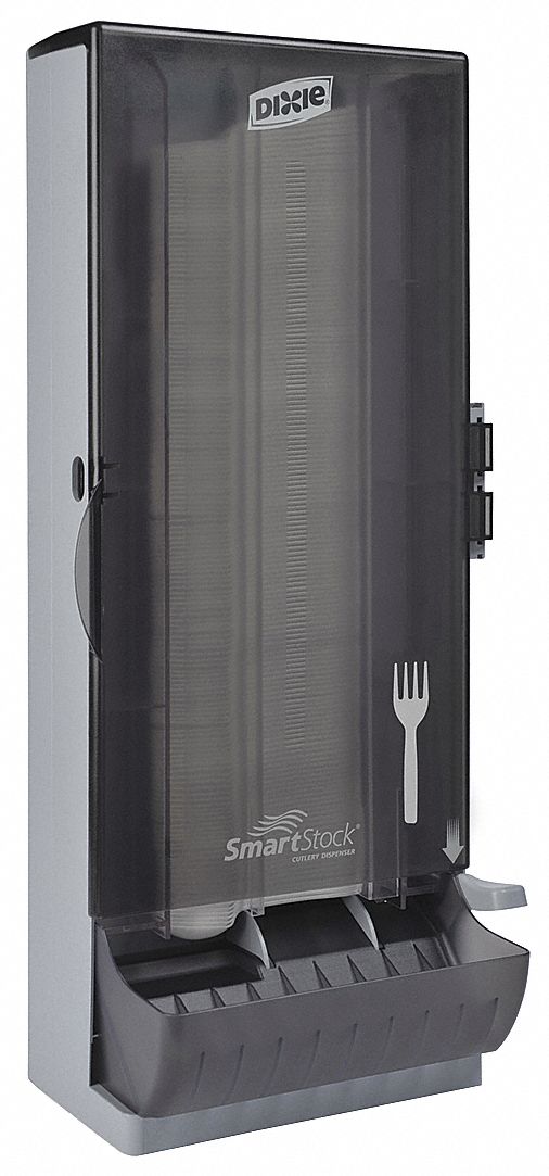 Fork Dispenser: Wall/Stand/Countertop, Holds 120 pcs Cutlery, Translucent Smoke, 10 in Wd