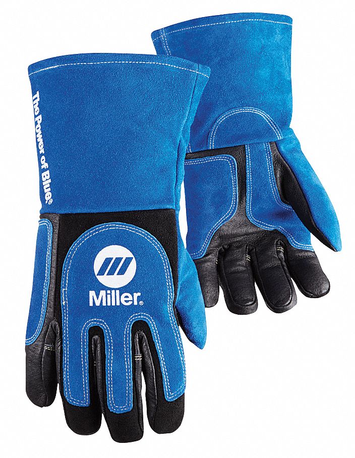 Welding Gloves: Wing Thumb, Gauntlet Cuff, Premium, Blue Cowhide, Miller Performance, Stick, 1 PR