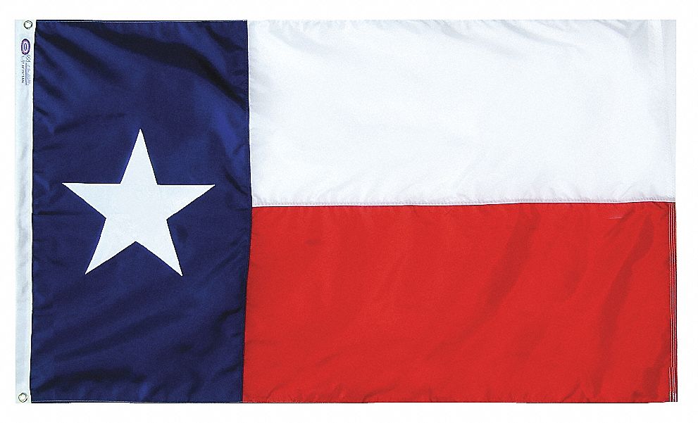State Flag: 15 ft Ht, 25 ft Wd, 75 ft Min. Flagpole Ht, Outdoor, Texas