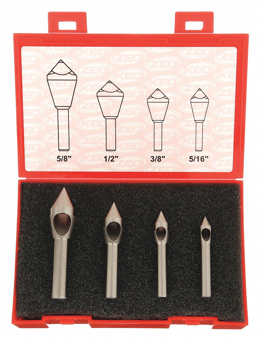 Countersink Set: 60°, 4 Pc, 5/16 in to 5/8 in, 0 Flute, Cobalt