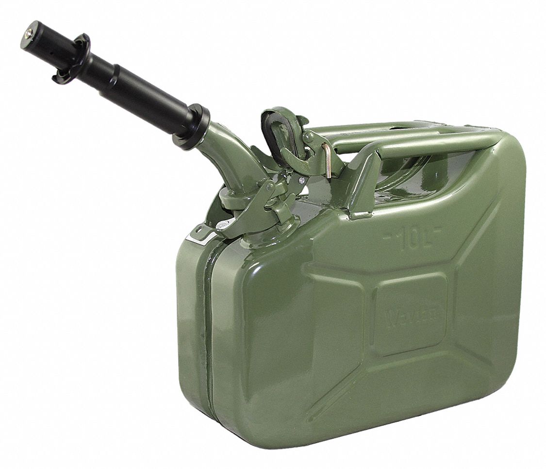 Gas Can: 2.6 gal Capacity, Gasoline, Steel, Green