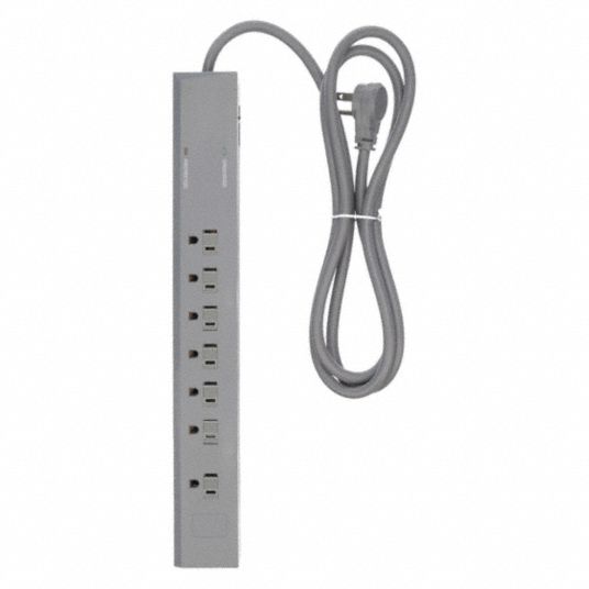 Surge Protector Outlet Strip, 7 Total Number of Outlets, Gray, 12 ft
