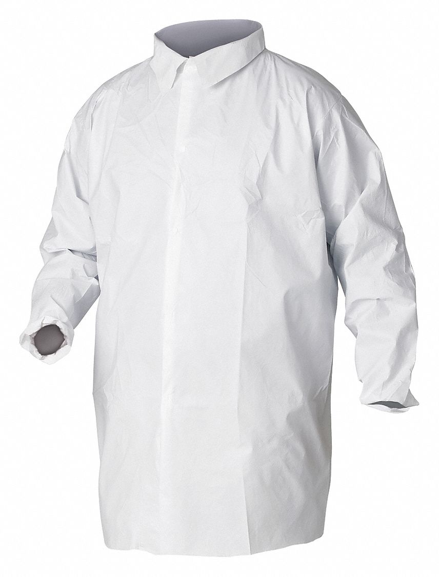 DISPOSABLE LAB COAT, MICROPOROUS FILM LAMINATE, MANDARIN COLLAR, SNAPS, L, 30 PK