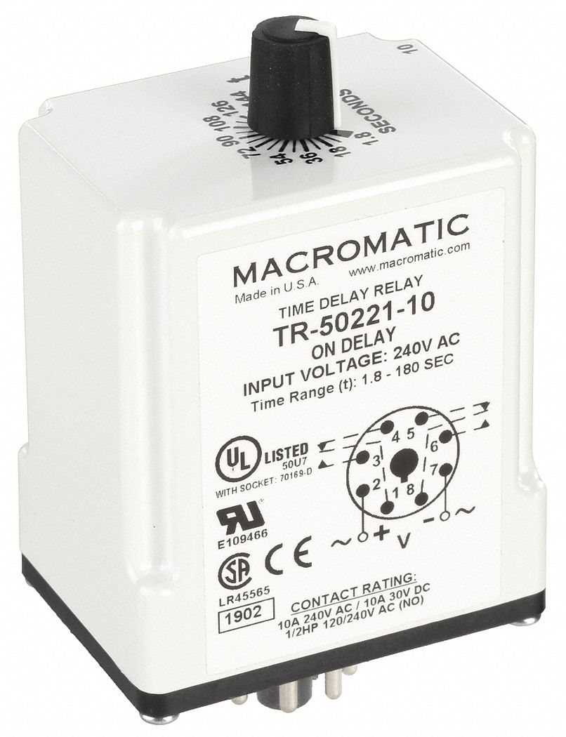 Single Function Time Delay Relay: Socket Mounted, 240V AC, 10 A, 8 Pins/Terminals