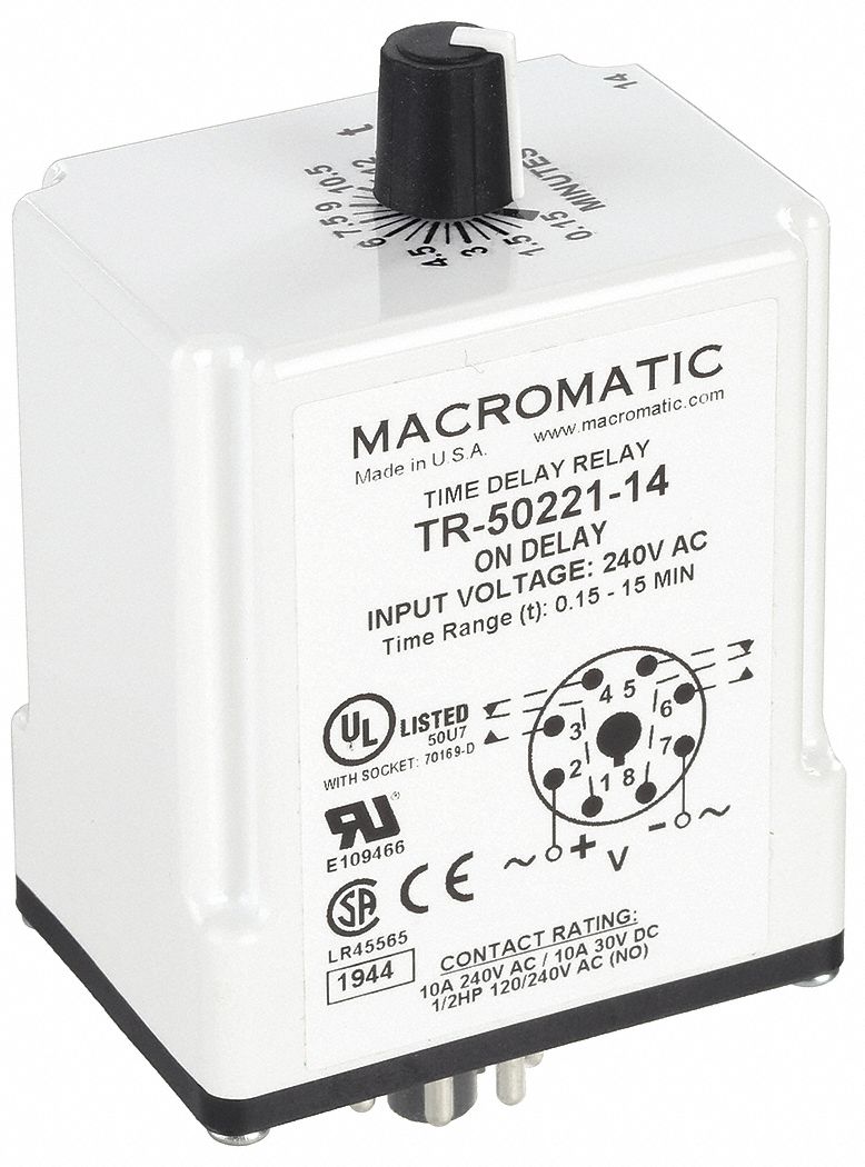 Single Function Time Delay Relay: Socket Mounted, 240V AC, 10 A, 8 Pins/Terminals