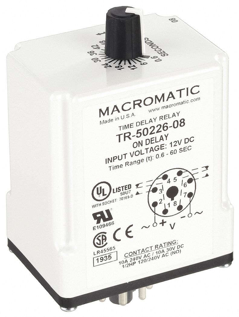 Single Function Time Delay Relay: Socket Mounted, 240V AC, 10 A, 8 Pins/Terminals