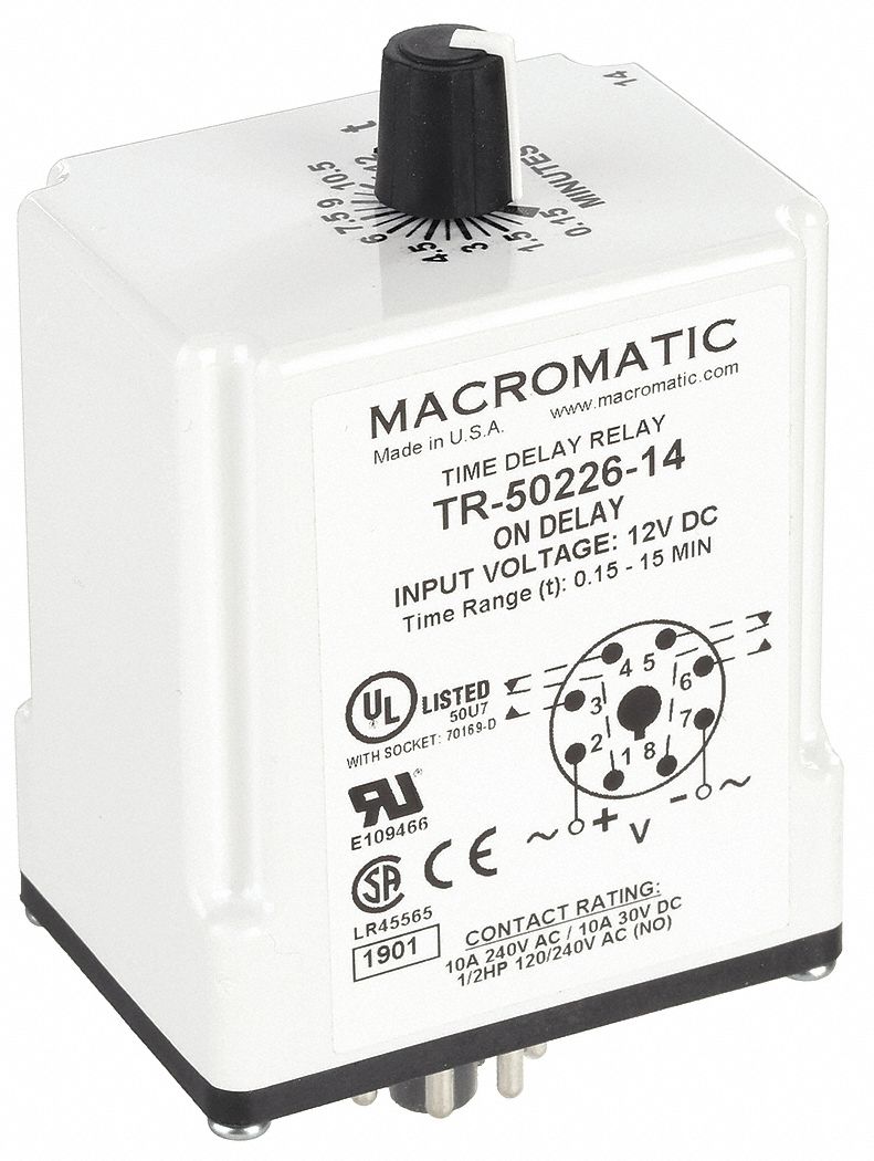 Single Function Time Delay Relay: Socket Mounted, 12V AC, 10 A, 8 Pins/Terminals