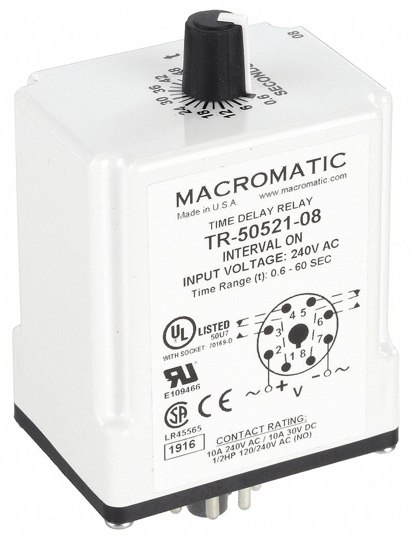 Single Function Time Delay Relay: Socket Mounted, 240V AC, 10 A, 8 Pins/Terminals