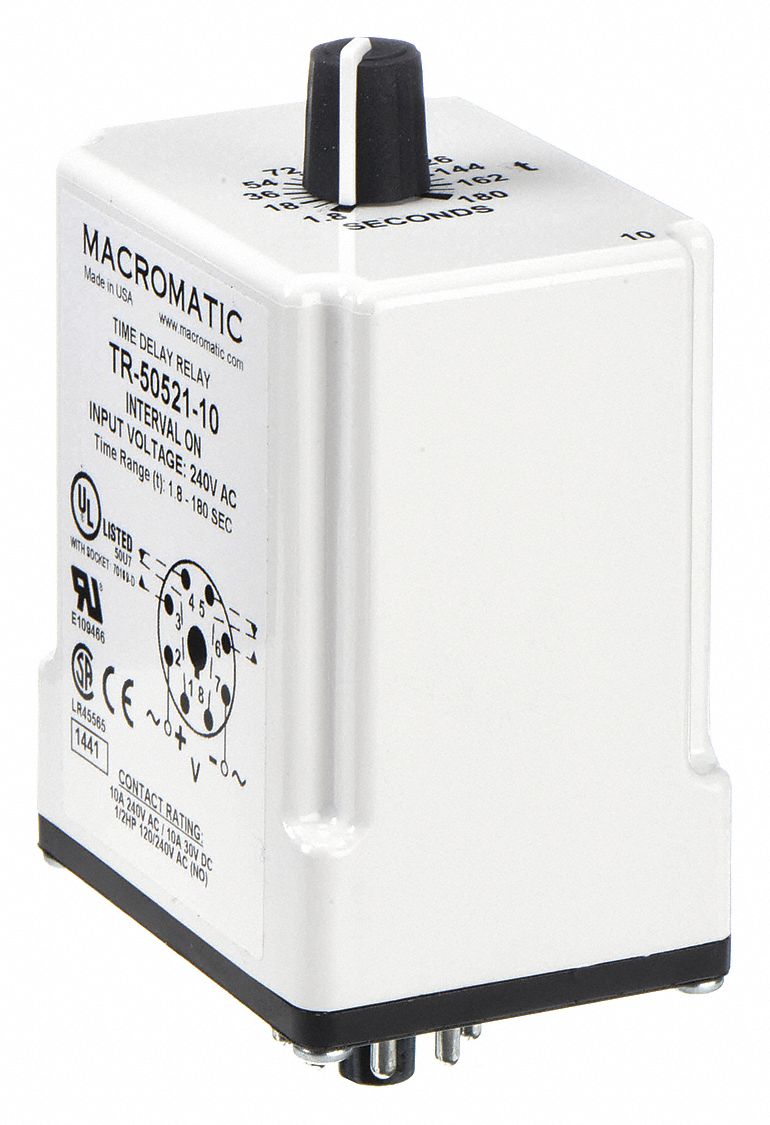 Single Function Time Delay Relay: Socket Mounted, 240V AC, 10 A, 8 Pins/Terminals