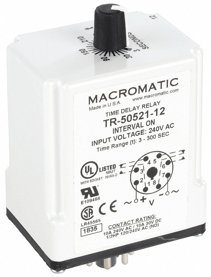 Single Function Time Delay Relay: Socket Mounted, 240V AC, 10 A, 8 Pins/Terminals