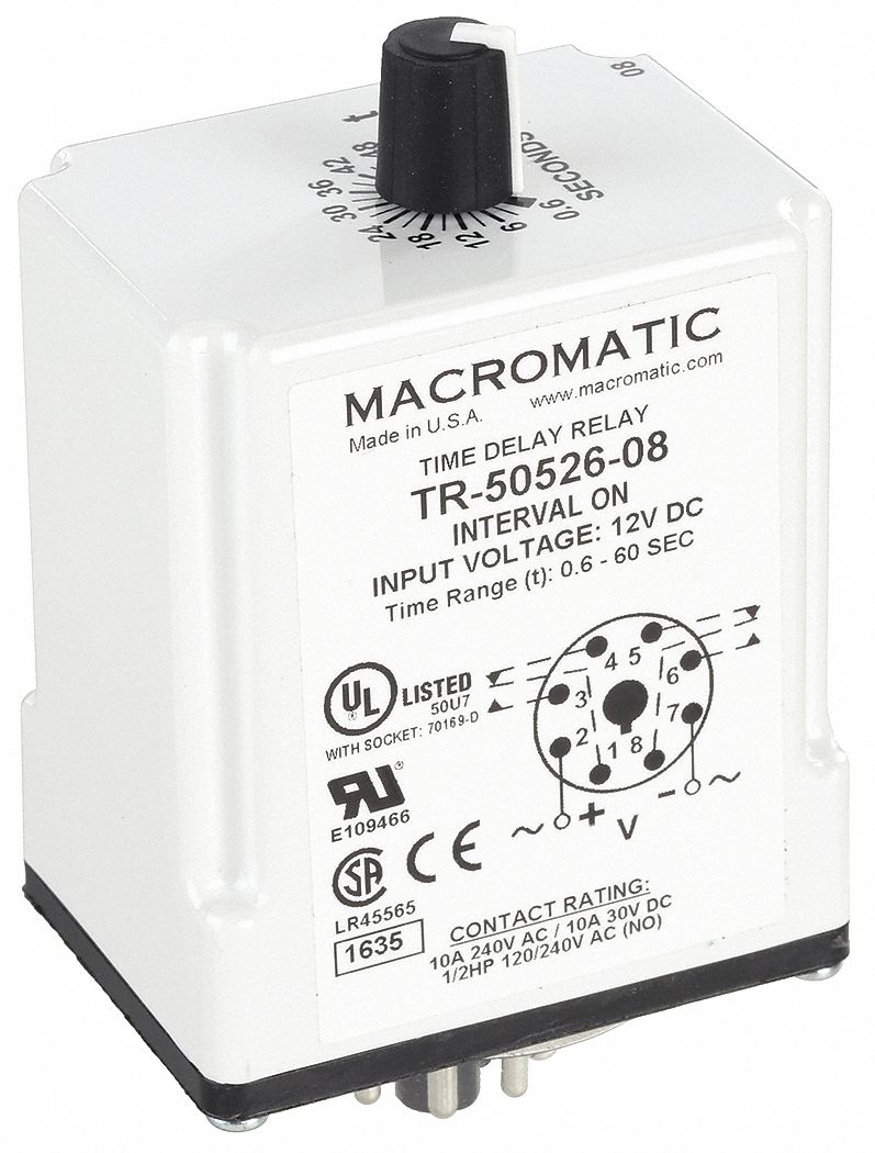 Single Function Time Delay Relay: Socket Mounted, 12V AC, 10 A, 8 Pins/Terminals
