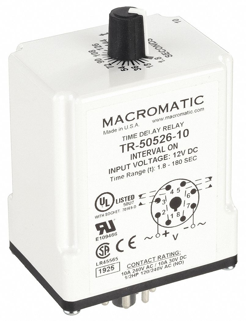 Single Function Time Delay Relay: Socket Mounted, 12V AC, 10 A, 8 Pins/Terminals