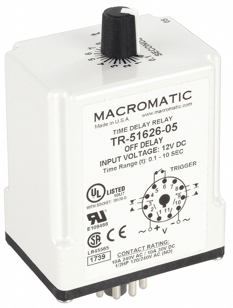 Single Function Time Delay Relay: Socket Mounted, 12V DC, 10 A, 11 Pins/Terminals