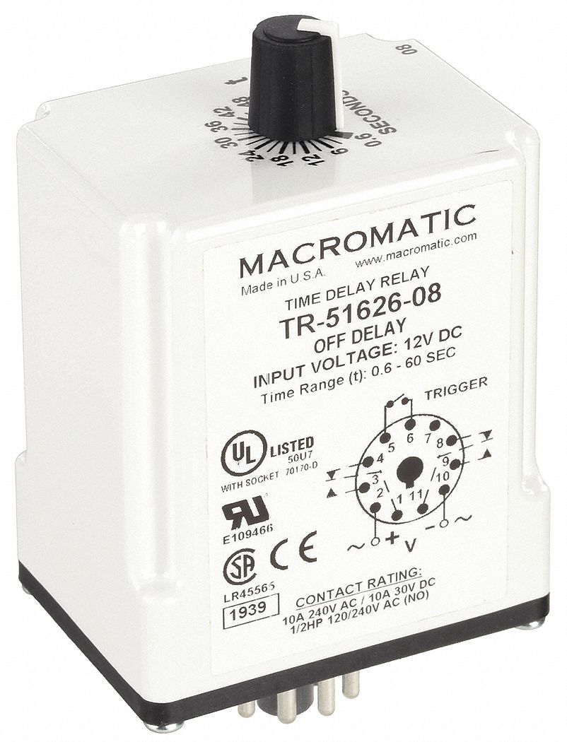 Single Function Time Delay Relay: Socket Mounted, 12V DC, 10 A, 11 Pins/Terminals