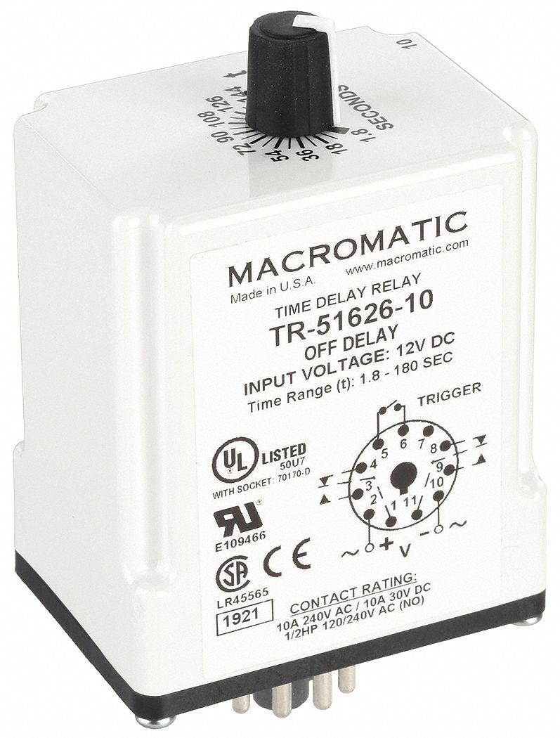 Single Function Time Delay Relay: Socket Mounted, 12V DC, 10 A, 11 Pins/Terminals