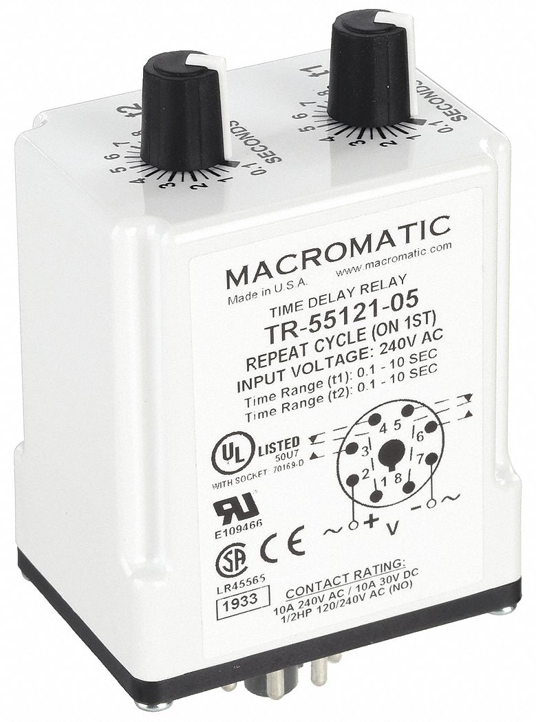 Single Function Time Delay Relay: Socket Mounted, 240V AC, 10 A, 8 Pins/Terminals