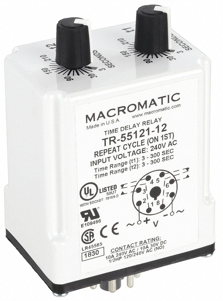 Single Function Time Delay Relay: Socket Mounted, 240V AC, 10 A, 8 Pins/Terminals