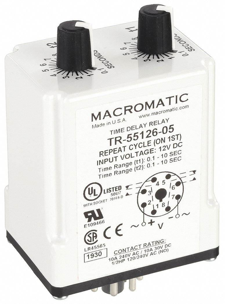 Single Function Time Delay Relay: Socket Mounted, 12V DC, 10 A, 8 Pins/Terminals