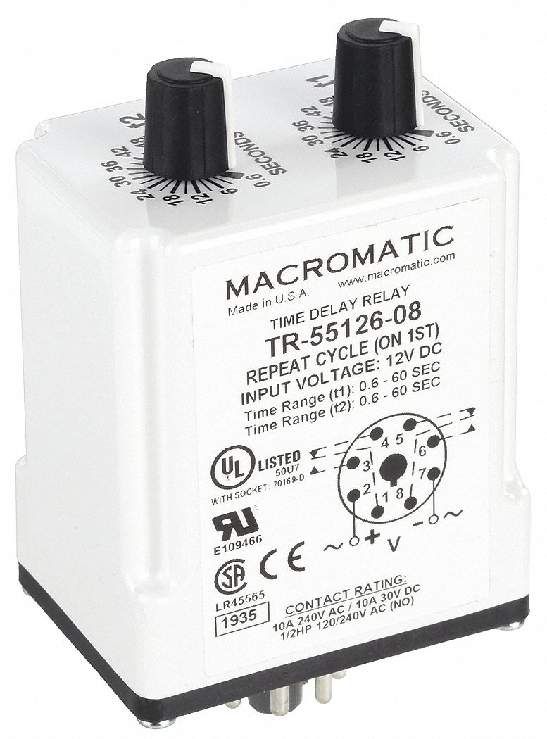 Single Function Time Delay Relay: Socket Mounted, 12V DC, 10 A, 8 Pins/Terminals