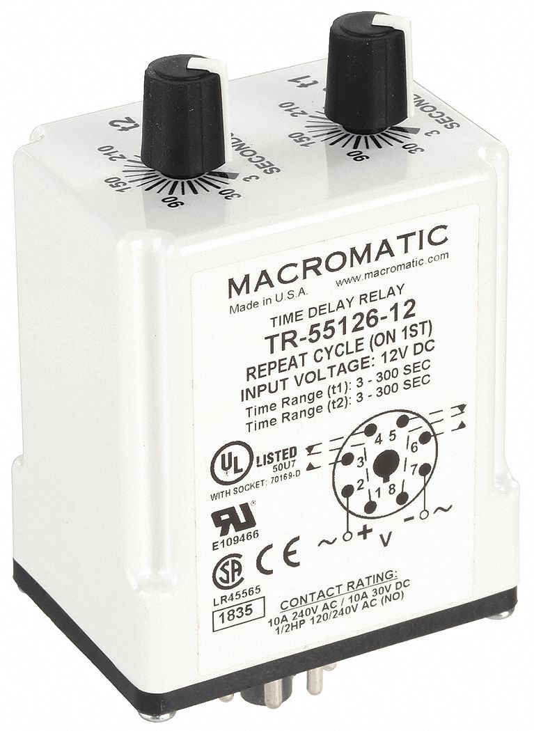 Single Function Time Delay Relay: Socket Mounted, 12V DC, 10 A, 8 Pins/Terminals