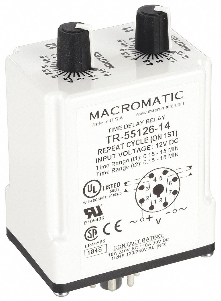 Single Function Time Delay Relay: Socket Mounted, 12V DC, 10 A, 8 Pins/Terminals