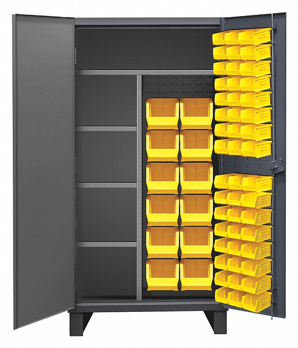 BIN CABINET, 36 IN X 24 IN 78 IN, 4 SHELVES, 60 BINS, YELLOW, FLUSH/SOLID, 12 GA PANEL