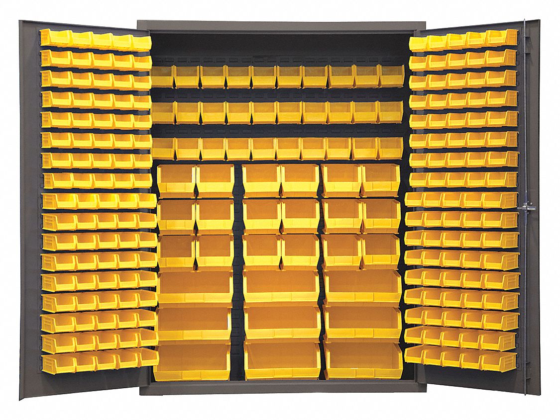 BIN CABINET, 60 IN X 24 IN 84 IN, 227 BINS, YELLOW, FLUSH, 14 GA PANEL, GREY