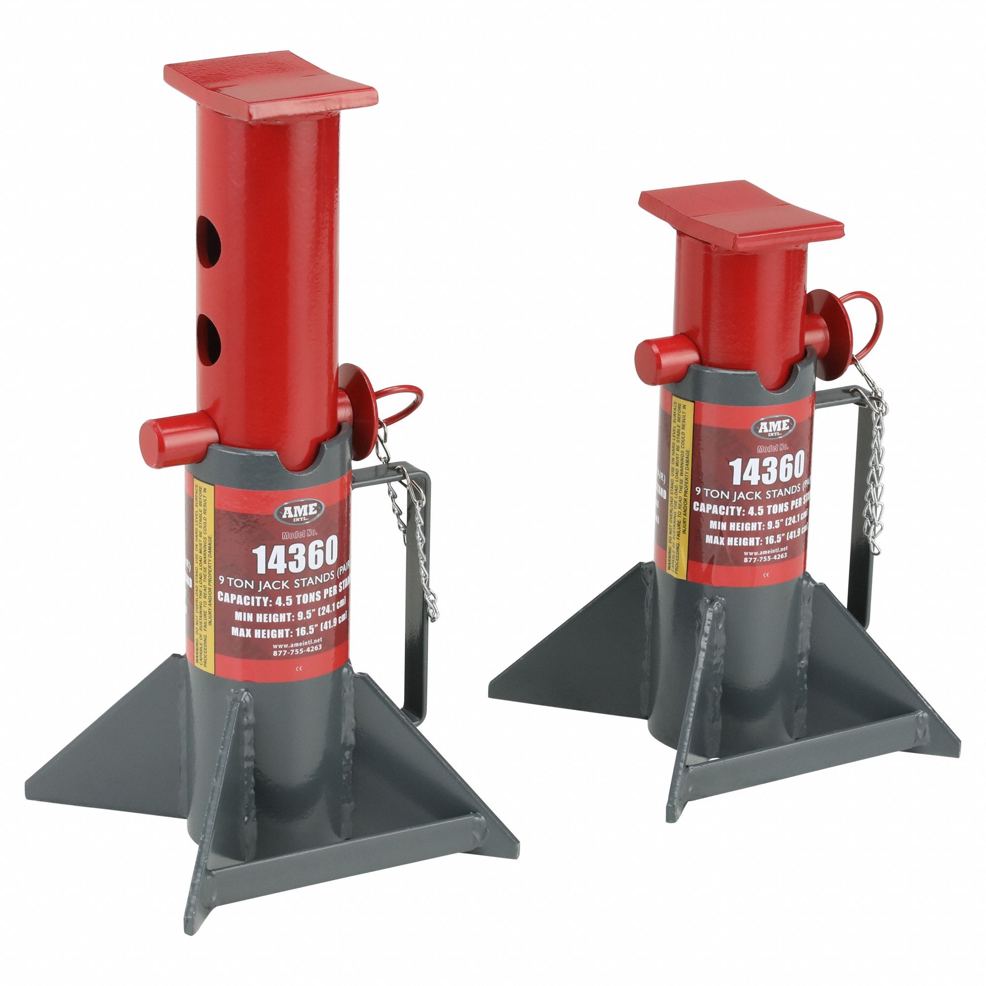Jack Stand: Pin Adjustment, 9 ton Load Capacity, 16 1/2 in Max Extended Ht, Square, Steel, 1 PR
