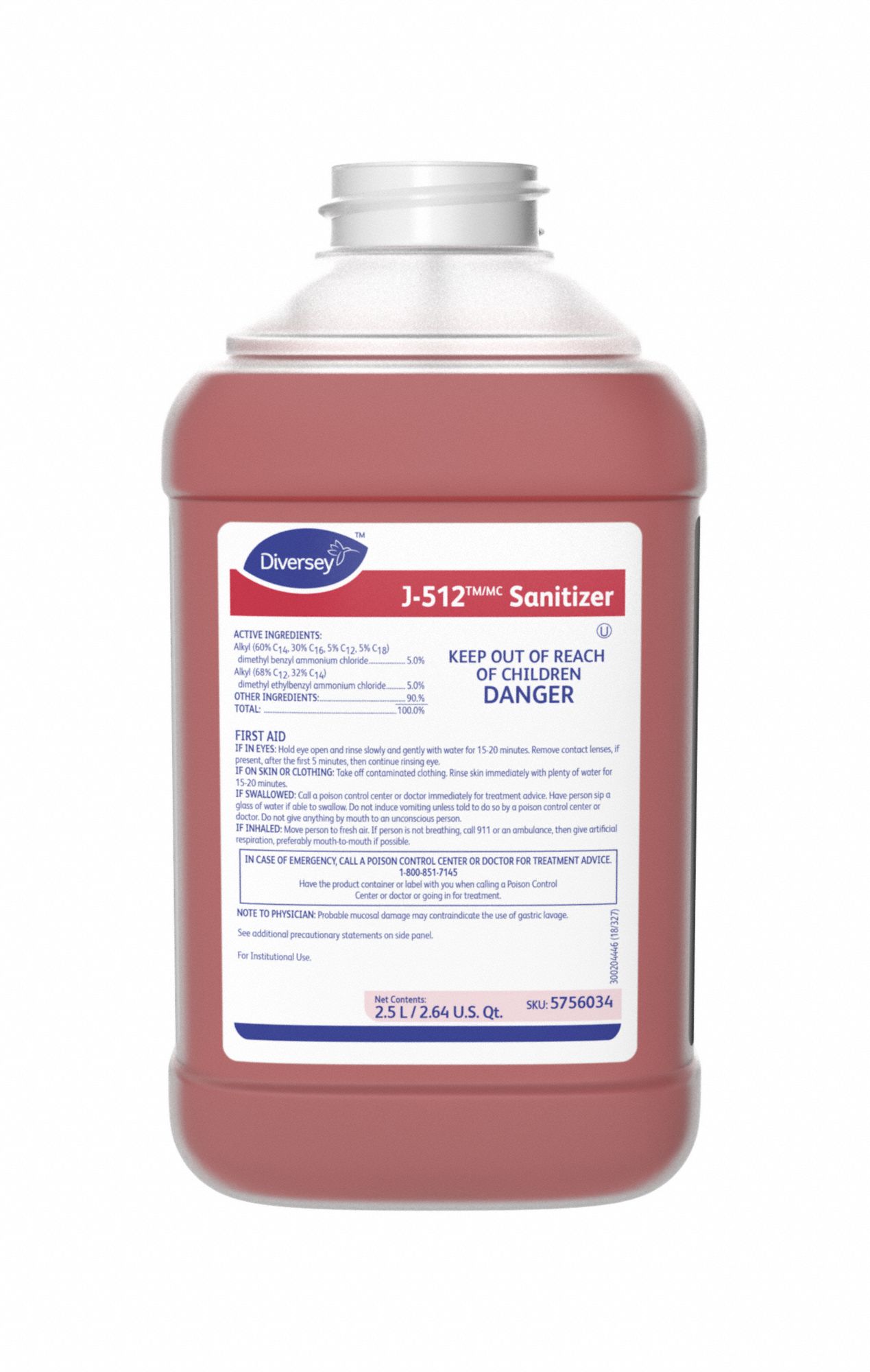 DIVERSEY Sanitizer Concentrate: J-512, Fits J-Fill Dispenser Series, 2. ...