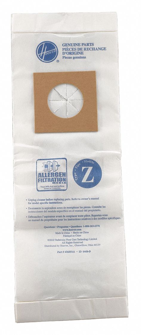 Vacuum Bag: Hoover, C1417903, Dry, Paper, 2-Ply, Std, 4010075Z