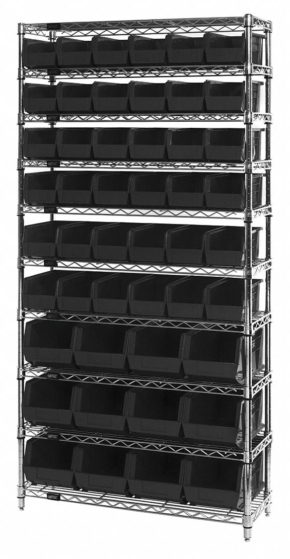 Bin Shelving: 36 in x 14 in x 74 in, 48 Bins, 10 Shelves, Open, Black