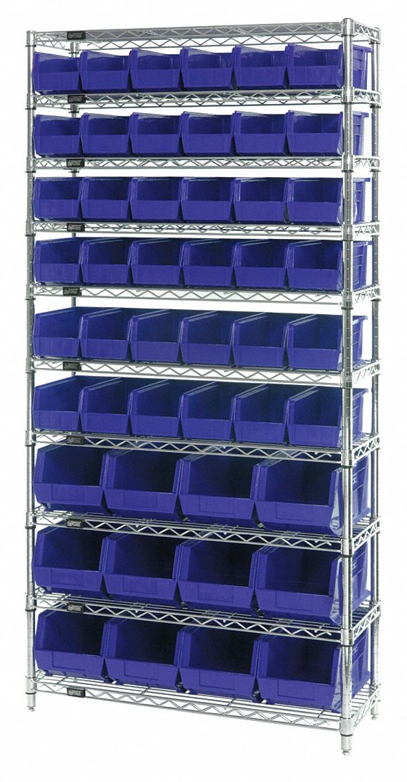 Bin Shelving: 36 in x 14 in x 74 in, 48 Bins, 10 Shelves, Open, Blue