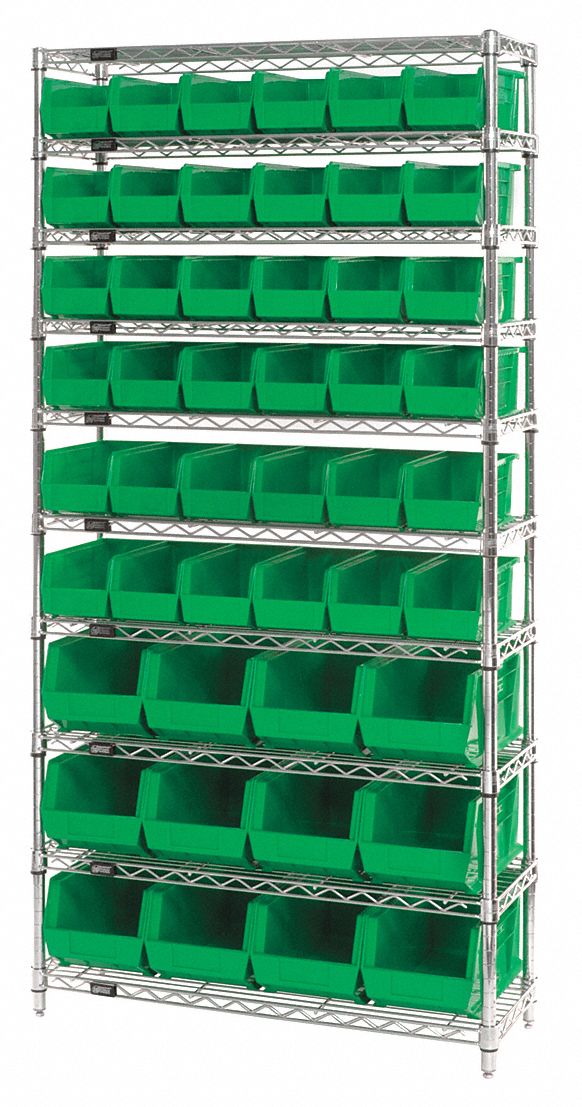 Bin Shelving: 36 in x 14 in x 74 in, 48 Bins, 10 Shelves, Open, Gray