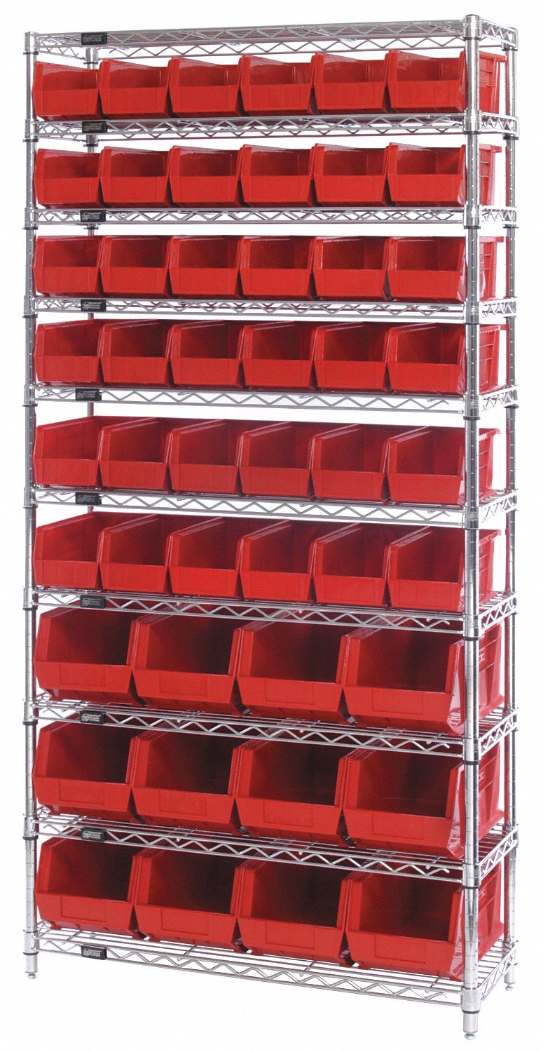 Bin Shelving: 36 in x 14 in x 74 in, 48 Bins, 10 Shelves, Open, Red