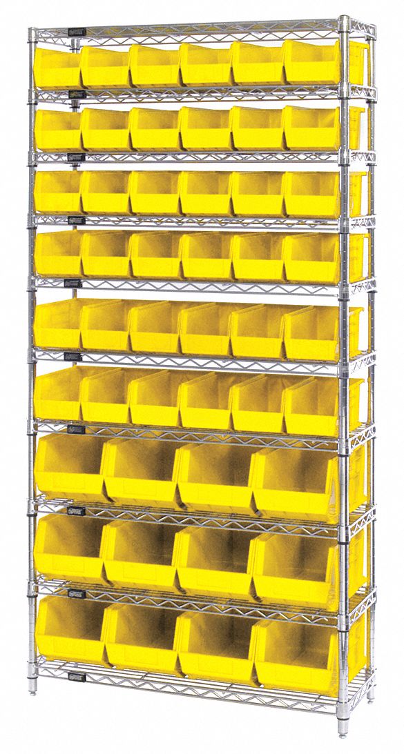 Bin Shelving: 36 in x 14 in x 74 in, 48 Bins, 10 Shelves, Open, Yellow
