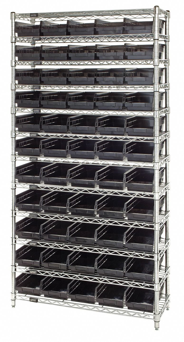 Bin Shelving: 36 in x 12 in x 74 in, 55 Bins, 12 Shelves, Open, Shelf Bin