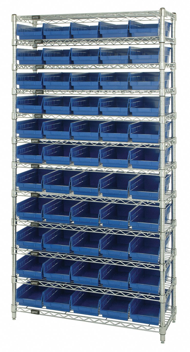 Bin Shelving: 36 in x 12 in x 74 in, 55 Bins, 12 Shelves, Open, Shelf Bin