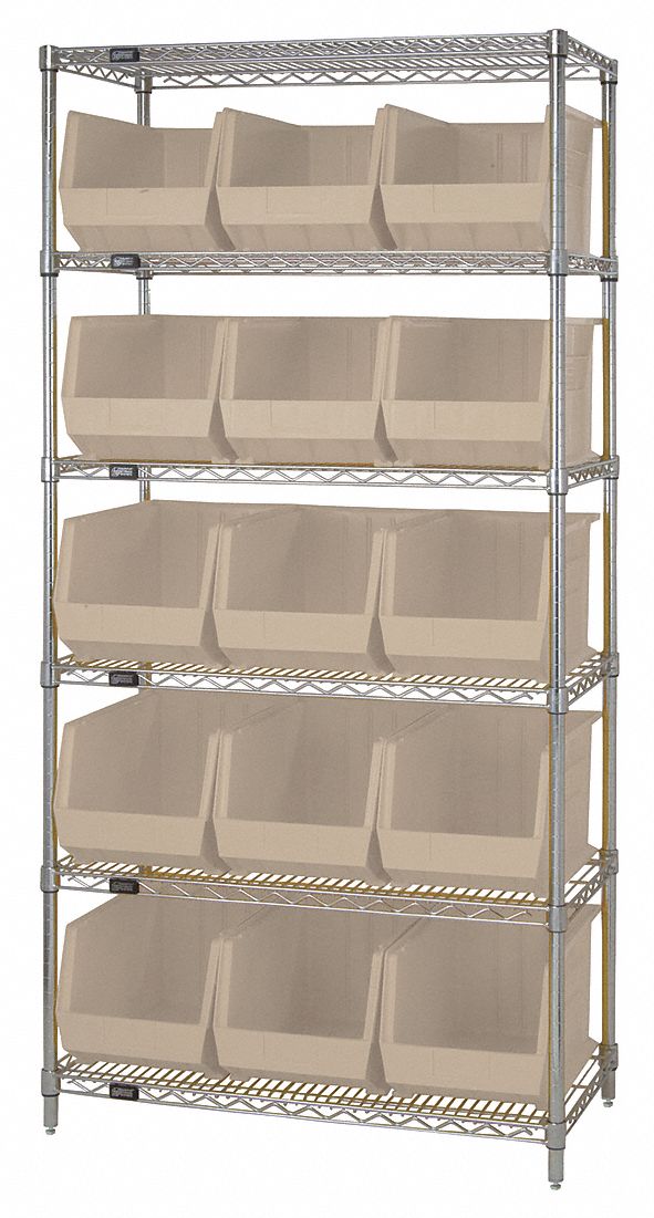 Bin Shelving: 36 in x 18 in x 74 in, 15 Bins, 6 Shelves, Open, White