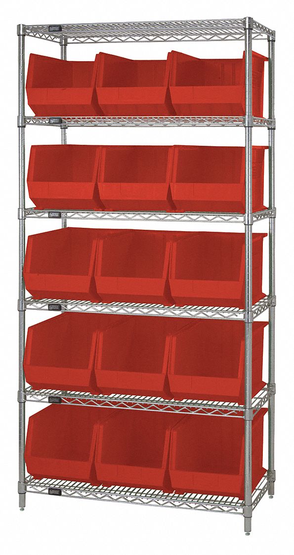 Bin Shelving: 36 in x 18 in x 74 in, 15 Bins, 6 Shelves, Open, Red