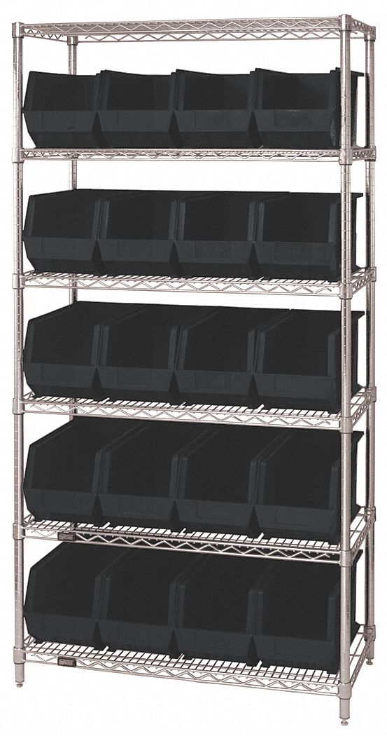 Bin Shelving: 36 in x 18 in x 74 in, 20 Bins, 6 Shelves, Open, Black