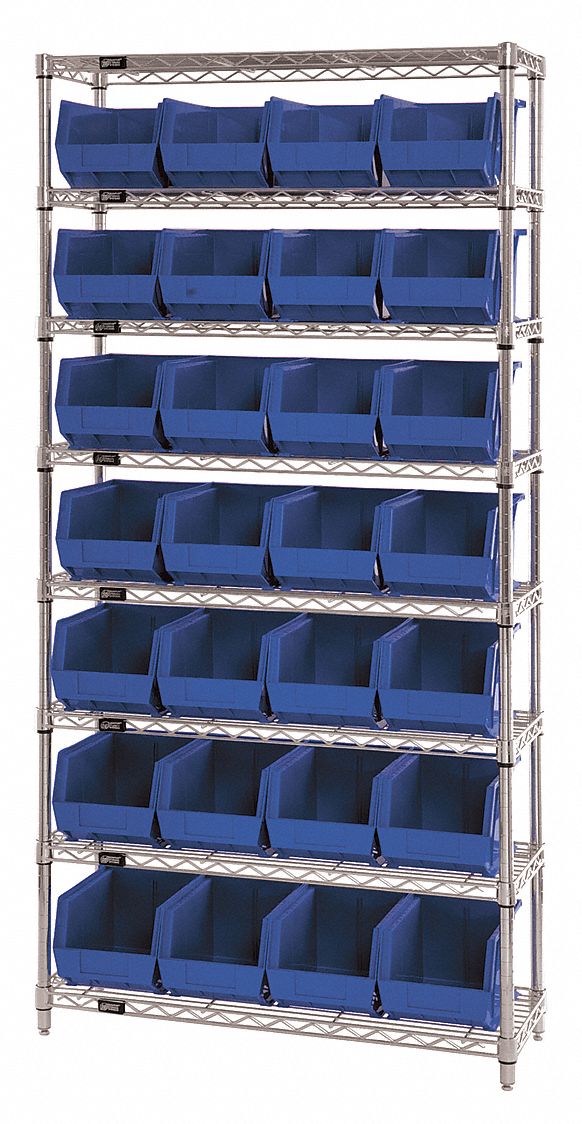 Bin Shelving: 36 in x 12 in x 74 in, 28 Bins, 8 Shelves, Open, Blue