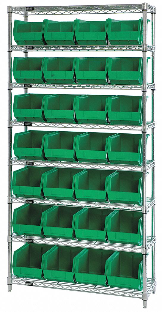 Bin Shelving: 36 in x 12 in x 74 in, 28 Bins, 8 Shelves, Open, Green
