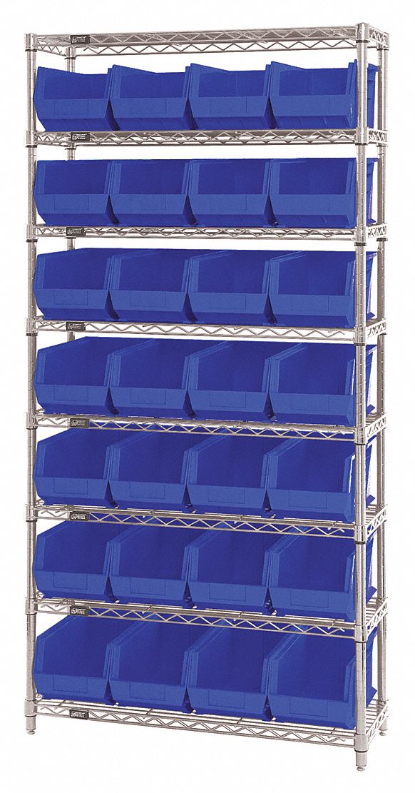 Bin Shelving: 36 in x 14 in x 74 in, 28 Bins, 8 Shelves, Open, Blue