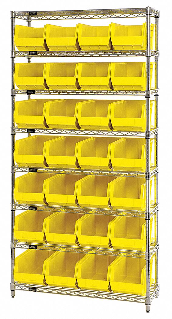 Bin Shelving: 36 in x 14 in x 74 in, 28 Bins, 8 Shelves, Open, Yellow